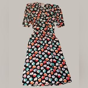 Maggy London Vintage Floral Midi Dress Women’s 6  Drape Collar Puff Sleeve Black